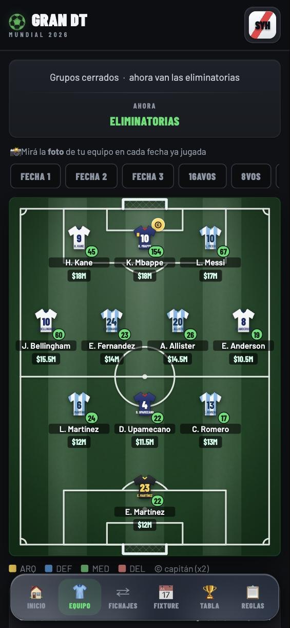 Team screen: 3-4-3 formation on a pitch with Kane, Mbappé and Messi up front, $199.5M of $205M budget used