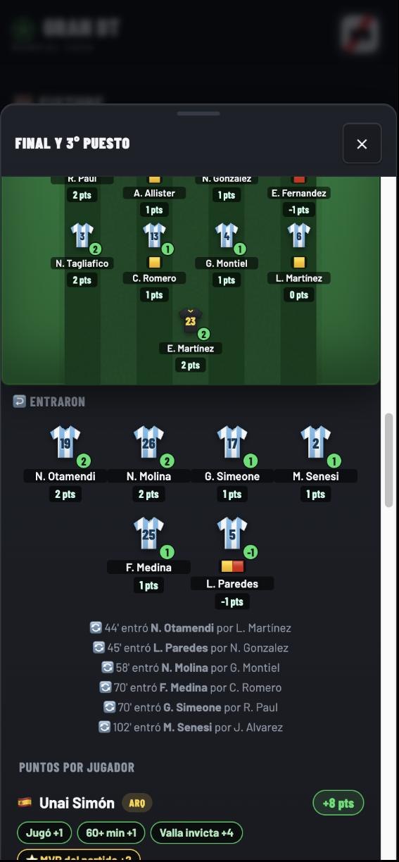 Match detail: Argentina's lineup on the pitch with fantasy points per player, including a red card at minus one point